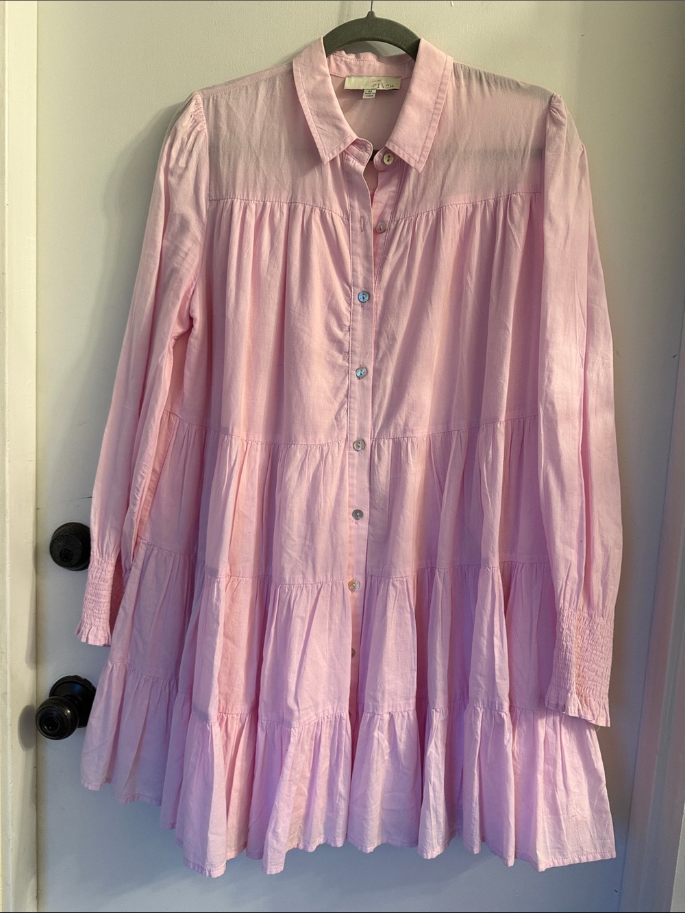 Pinch Mini Dress Tiered Long Sleeve Coquette Cotton Size M Smocked Back Pink